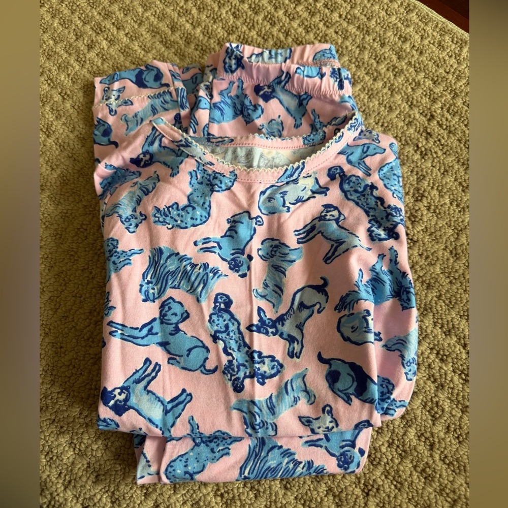 Lilly Pulitzer Pink and Blue Puppy Print Kids Pajama Set “Ruff Night”. NWOT
